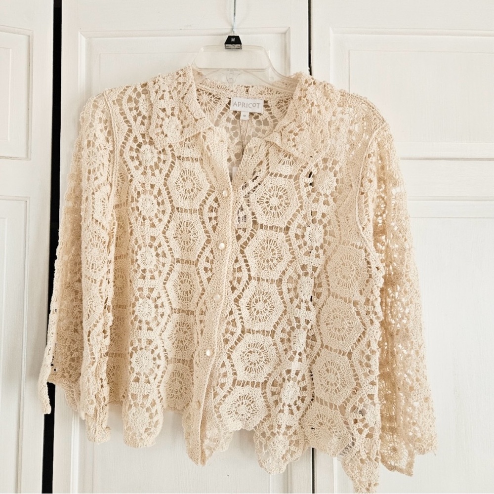 Apricot Crochet Lace Cardigan Blouse Cream Beige